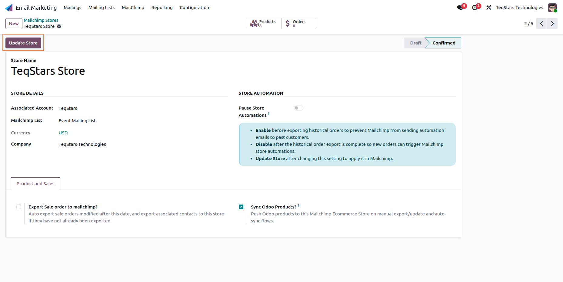 Store form with Update Store button