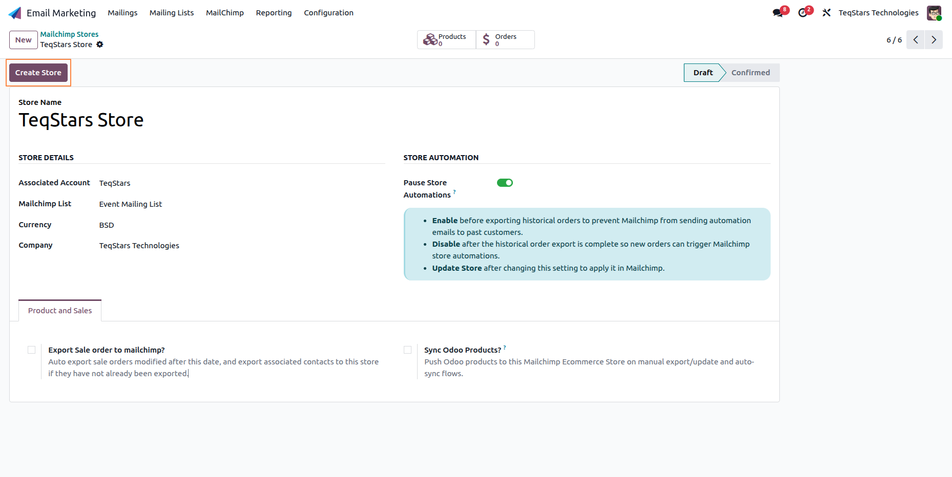 Store form in Draft state with Create Store button