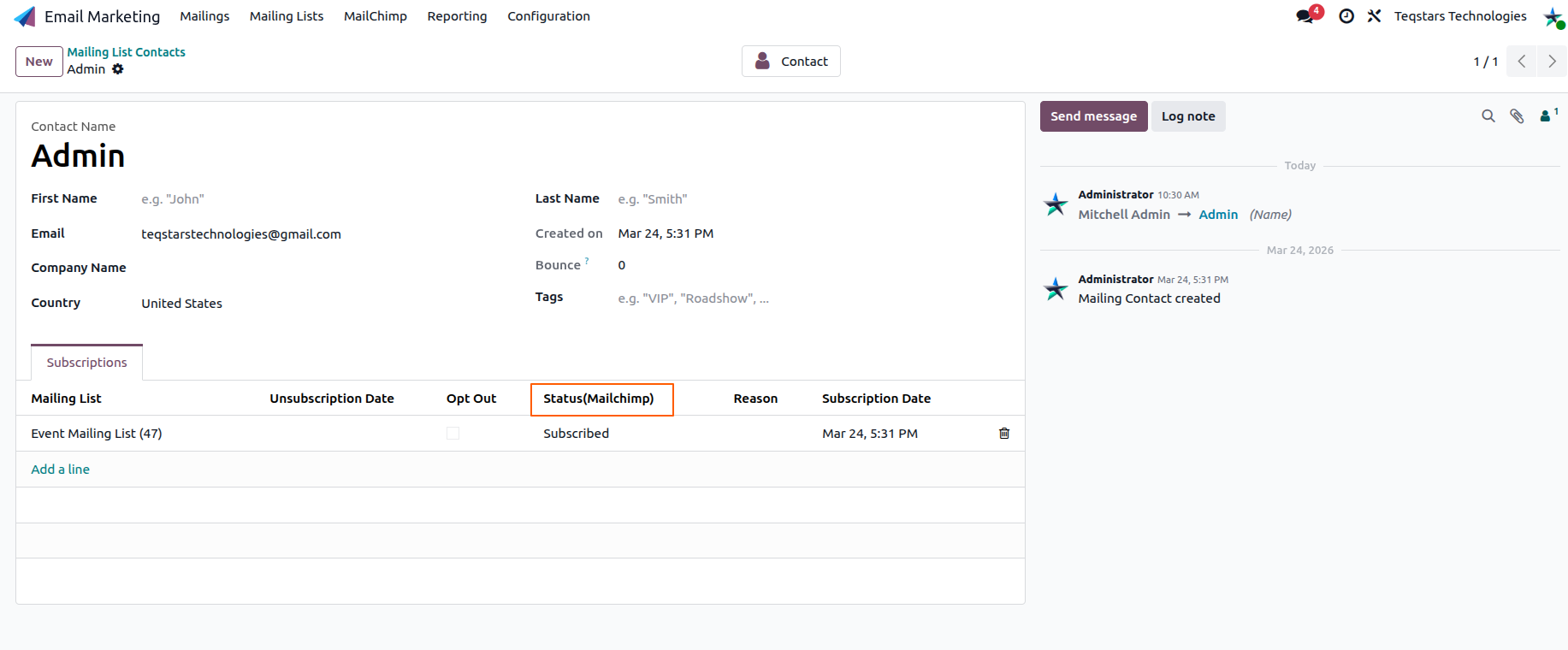 Mailing contact with its MailChimp subscription status