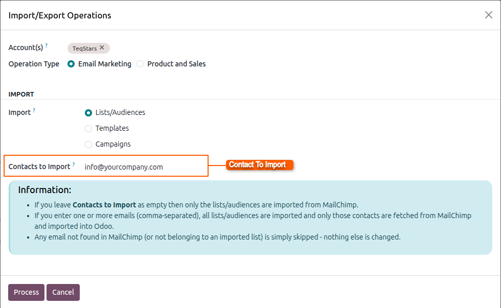 the Contacts to Import option in the wizard