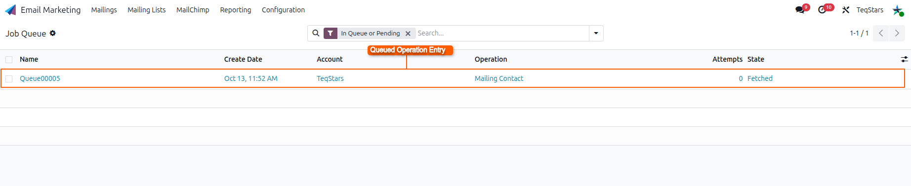 the Job Queue list after running an operation