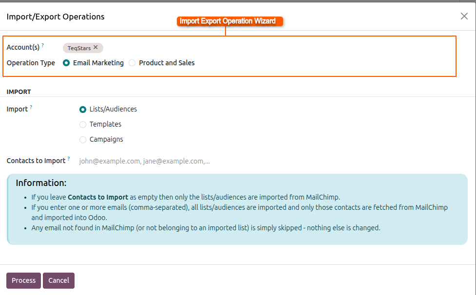 the MailChimp Operations wizard as it opens