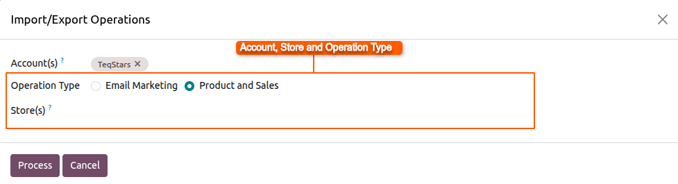 the wizard with an account, a store and an operation type selected