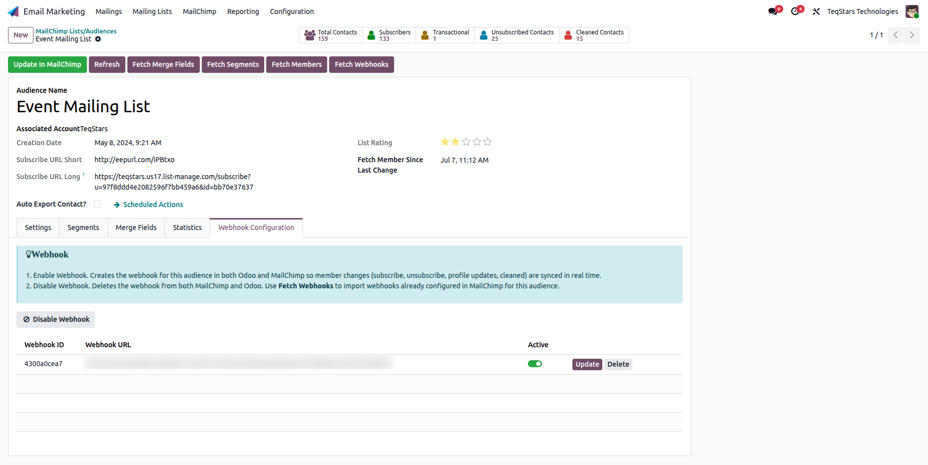Webhook enabled with the registered row