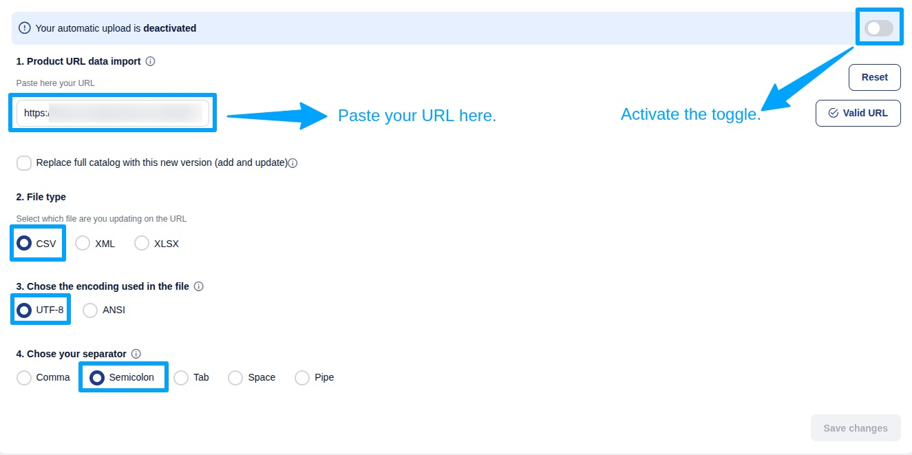 a B2B seller contract showing its Feed URL and the Download Feed CSV button