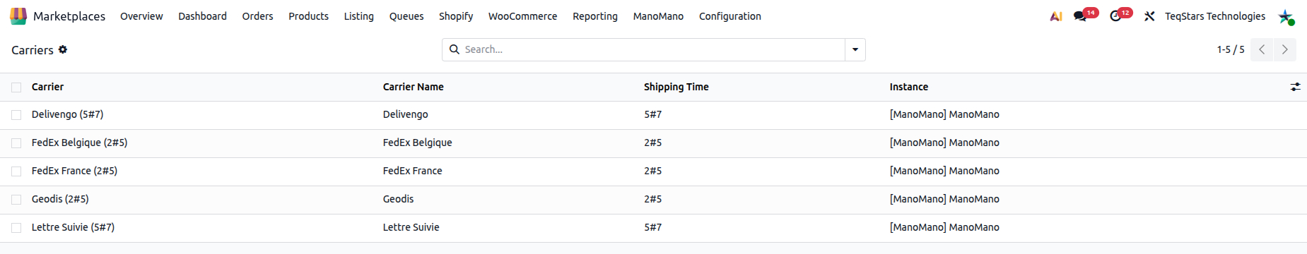 a carrier form with Carrier, Carrier Name, Shipping Time and Instance