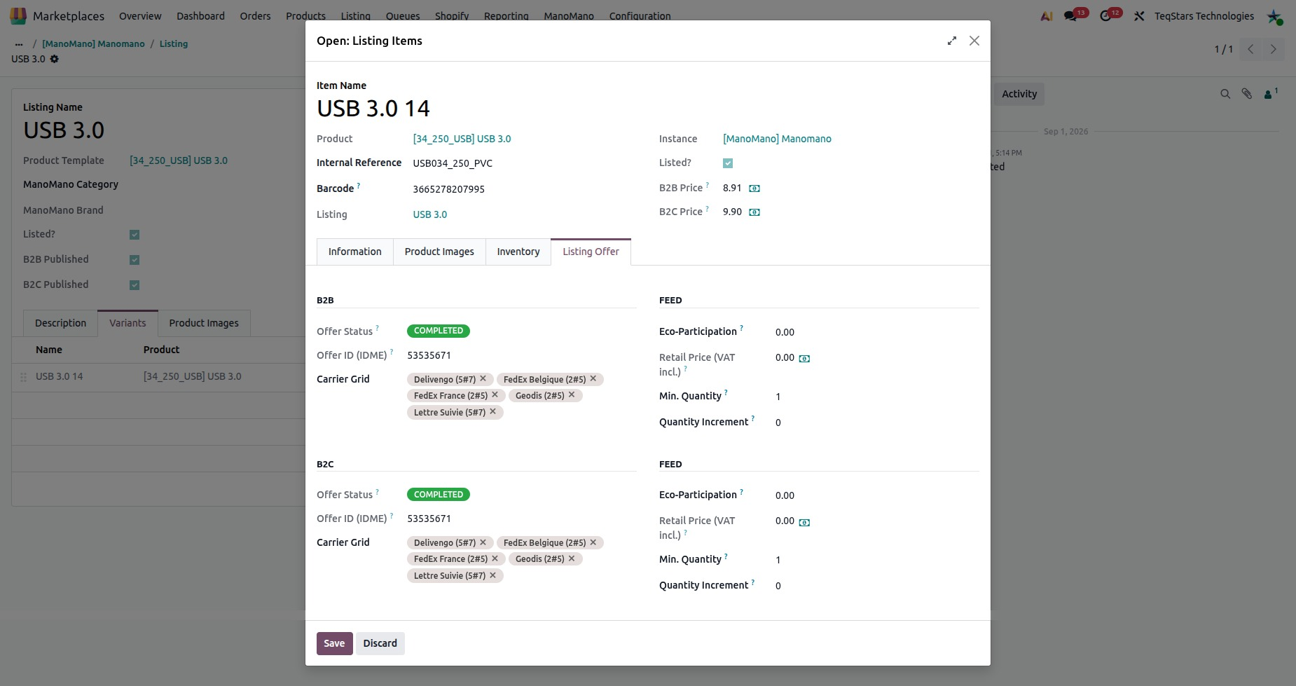 a listing item with the Listing Offer tab open, showing the B2B and B2C offer status, offer ID and prices