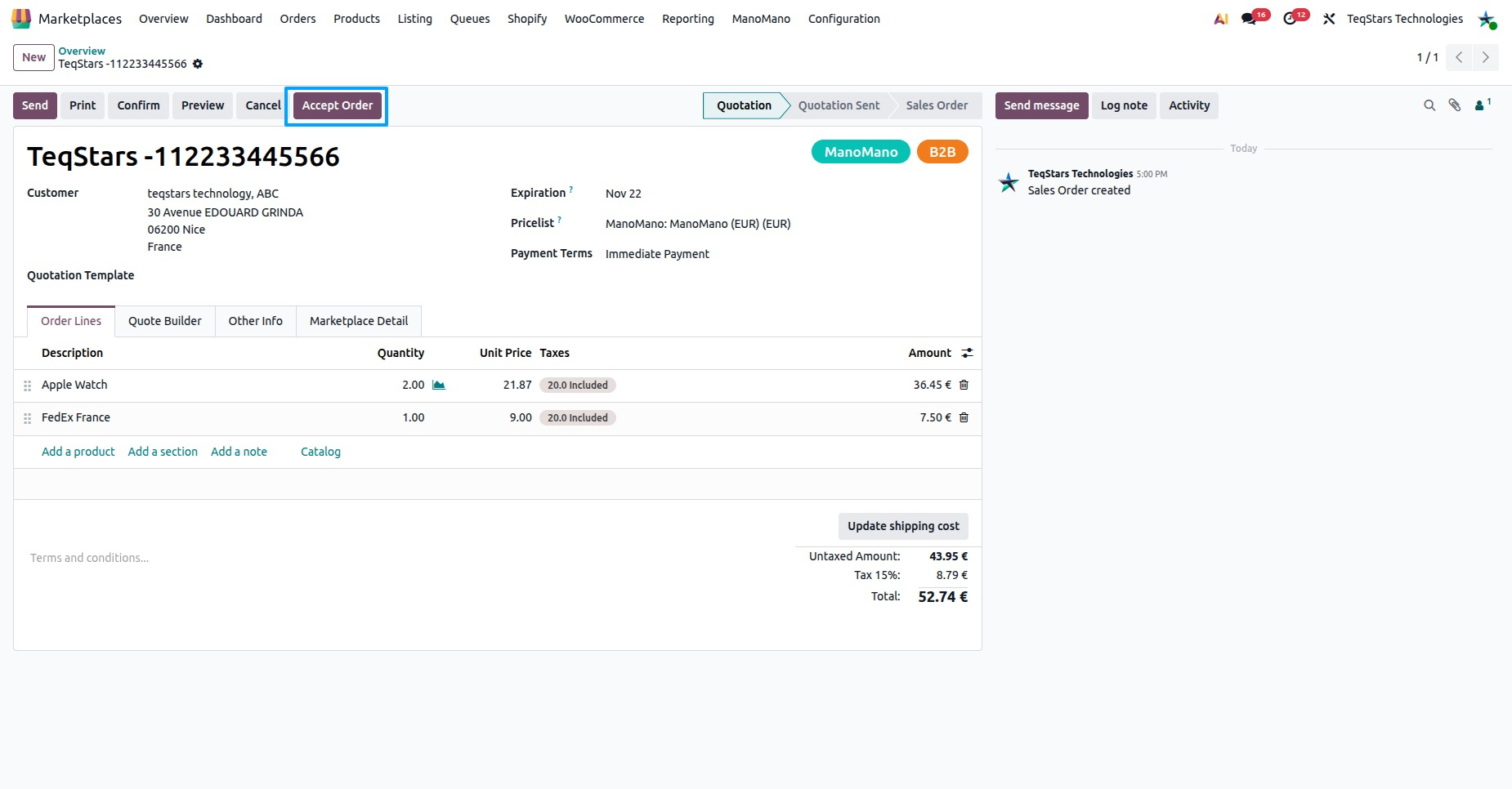 a pending ManoMano sales order in Odoo with the Accept Order button