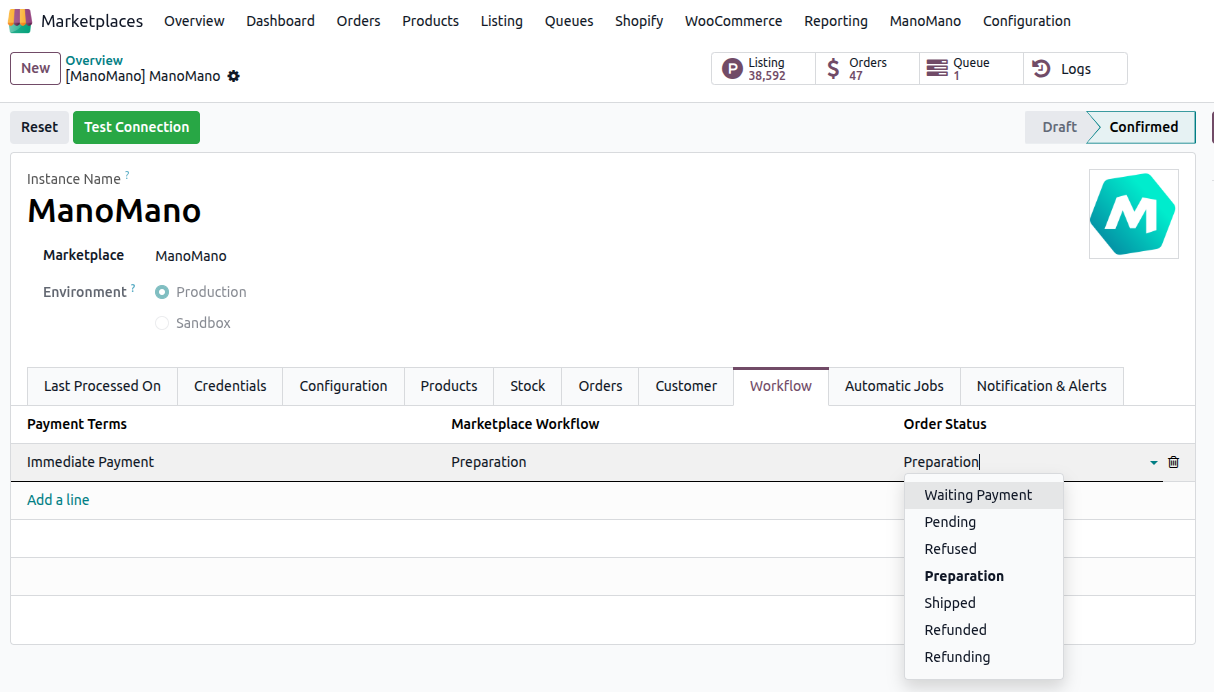a workflow row with Order Status, Marketplace Workflow and Payment Terms filled in