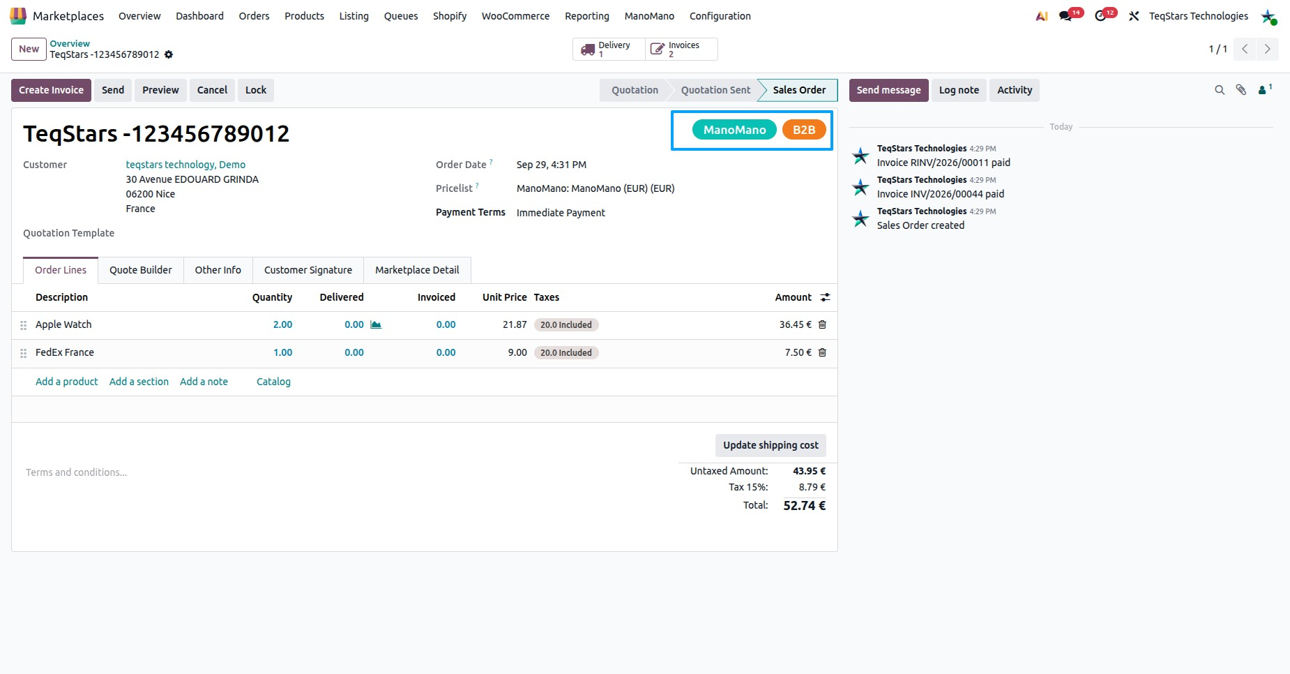 an imported ManoMano order on its Marketplace Detail tab, showing the ManoMano Order Status, Seller Contract and Contrac