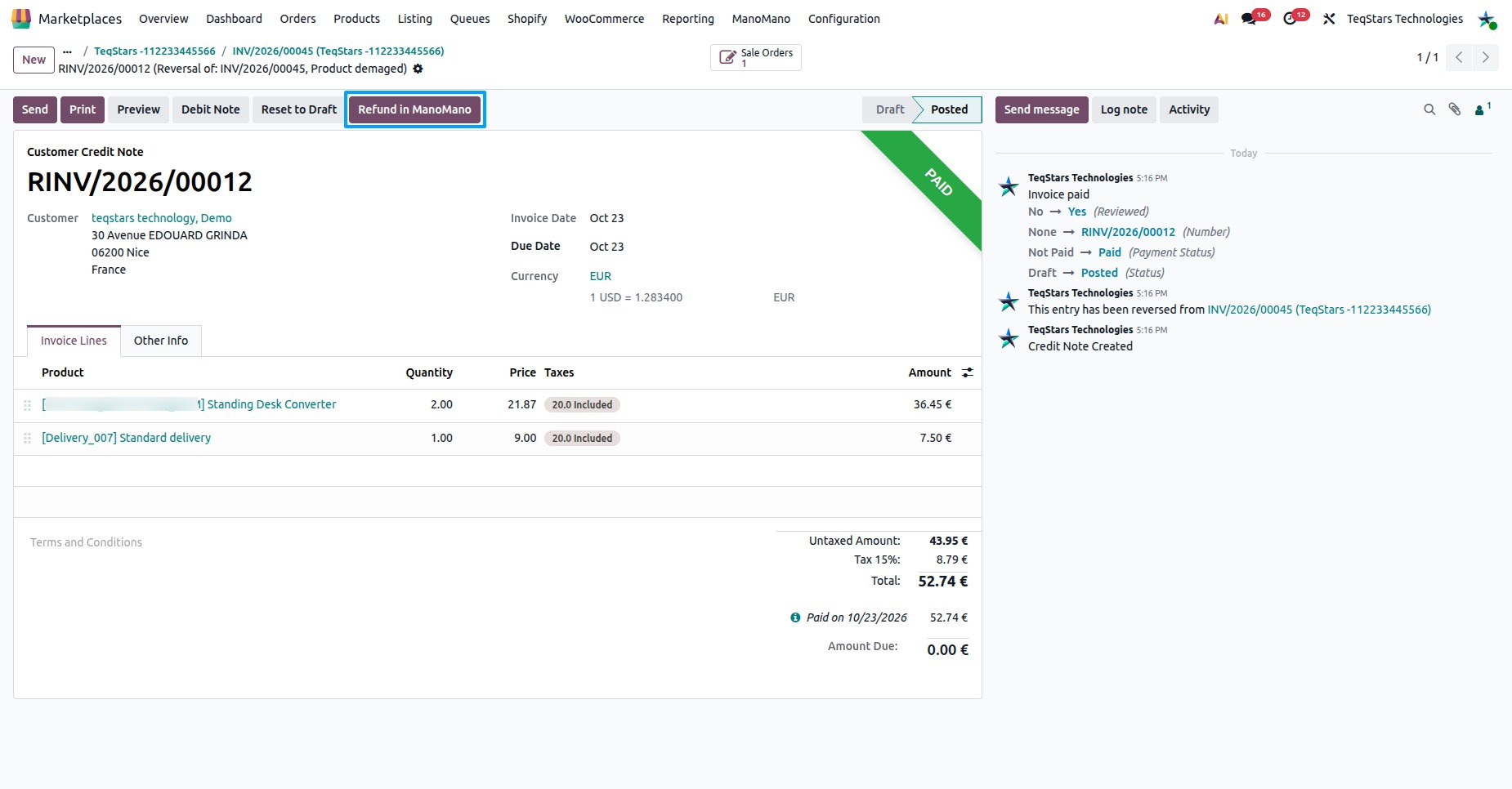 A ManoMano credit note in Odoo with the Refund in ManoMano button