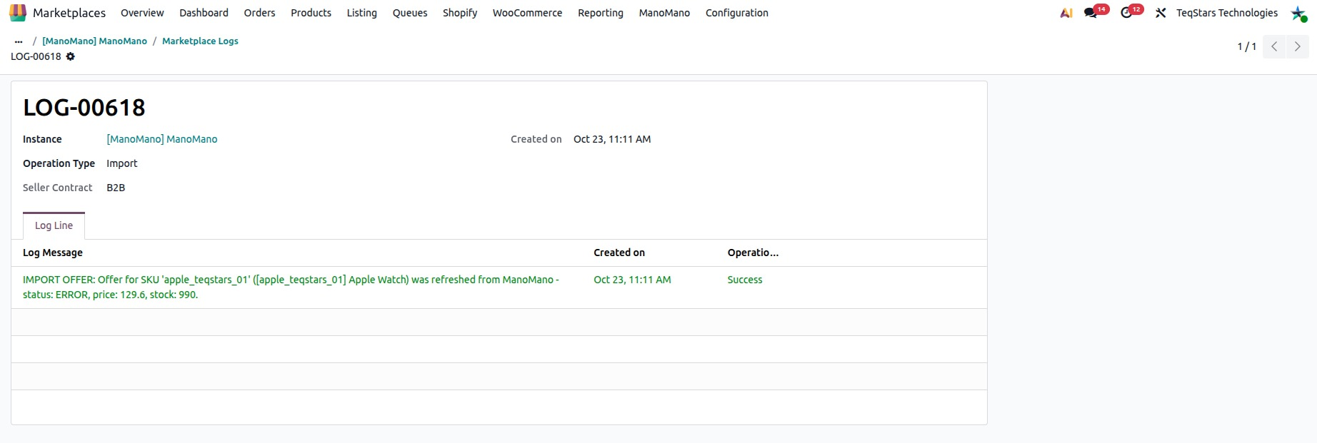 Log with IMPORT OFFER lines showing the refreshed SKU, status, price and stock