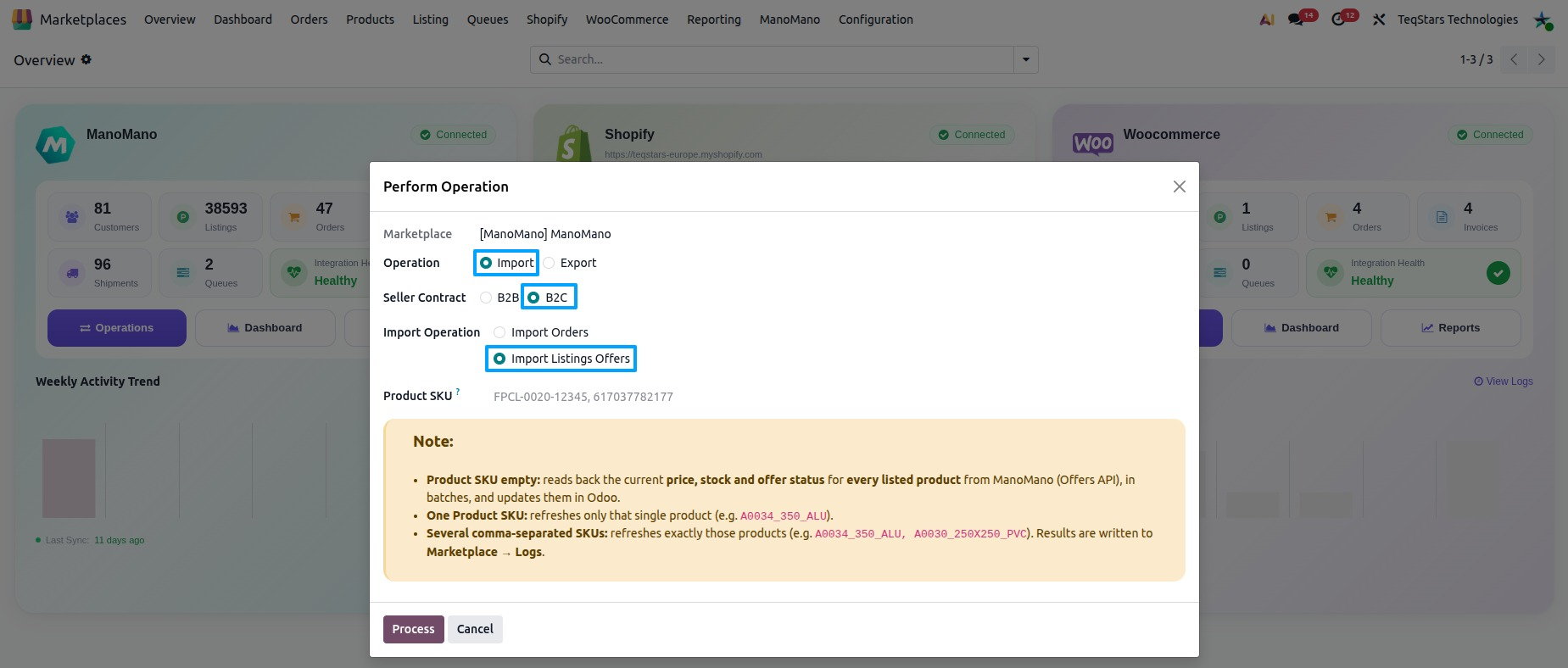 Operations wizard with Import and Import Listings Offers selected and the Product SKU field
