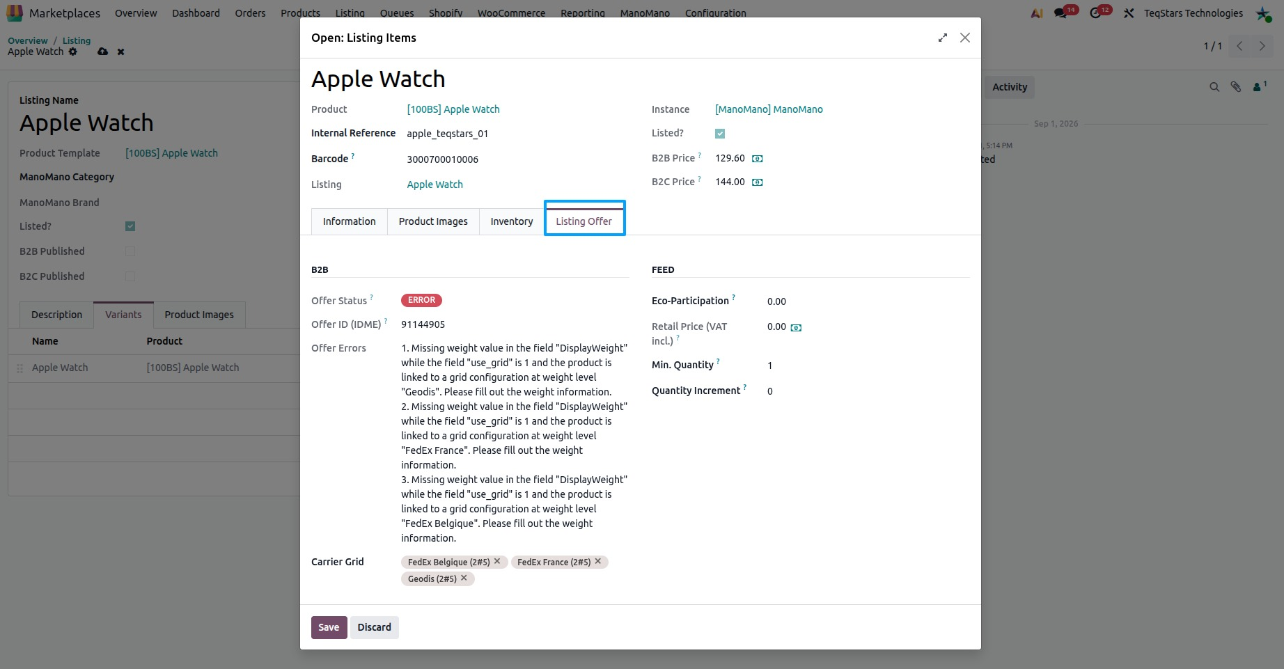 Listing item with the Listing Offer tab showing Offer Status, Offer ID (IDME) and Offer Errors