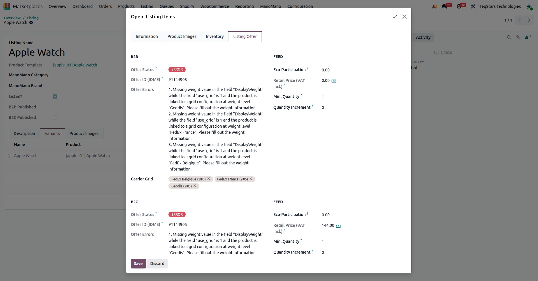 Listing Offer tab of a ManoMano listing item with the B2B and B2C offer fields