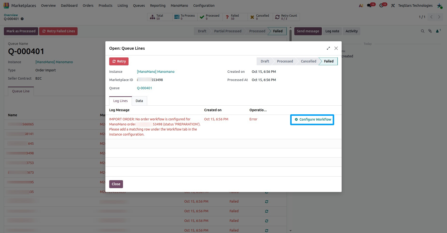log line with the missing workflow message and the Configure Workflow button