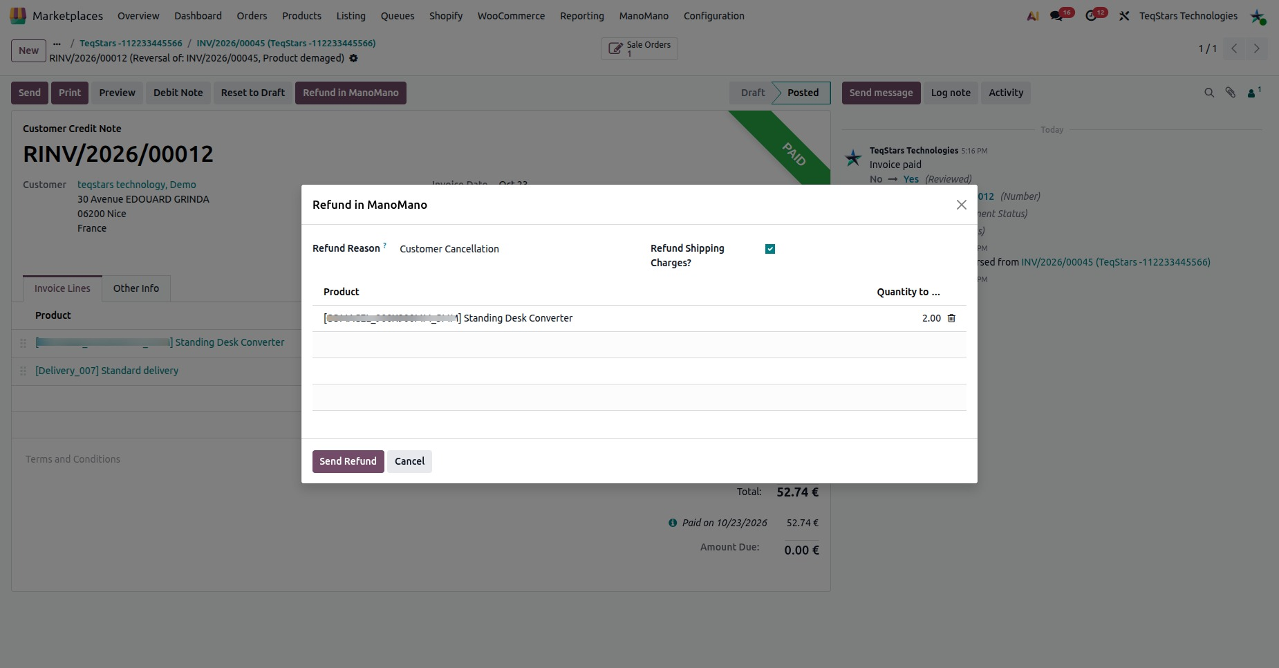 The Refund in ManoMano wizard with Products to Refund, Refund Reason and Refund Shipping Charges?