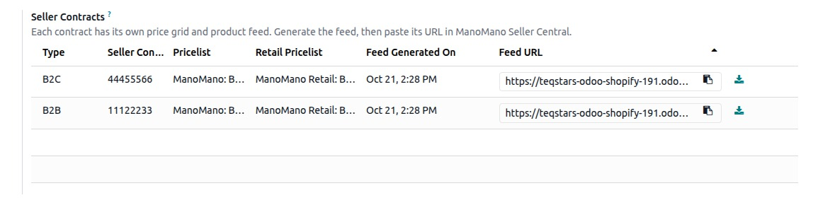 Seller Contracts list on the Products tab of the confirmed ManoMano instance with one B2B and one B2C contract