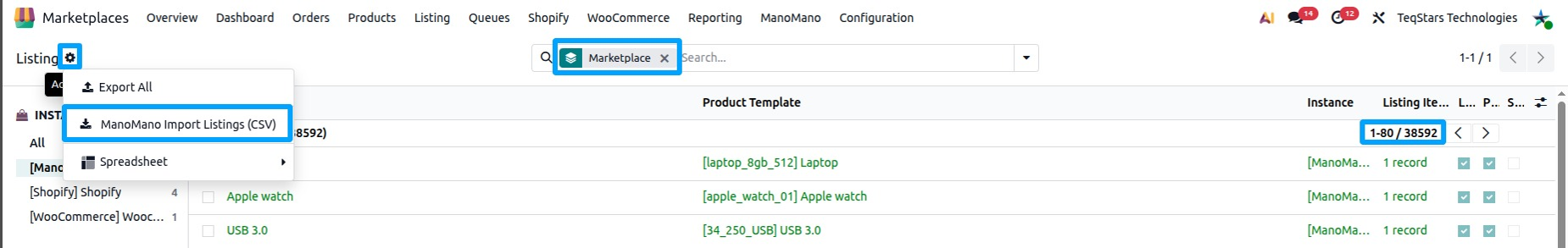 the All Listing list filtered to the ManoMano instance after a CSV import.