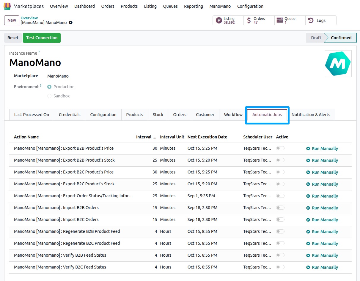 the Automatic Jobs tab of the instance with the Run Manually button