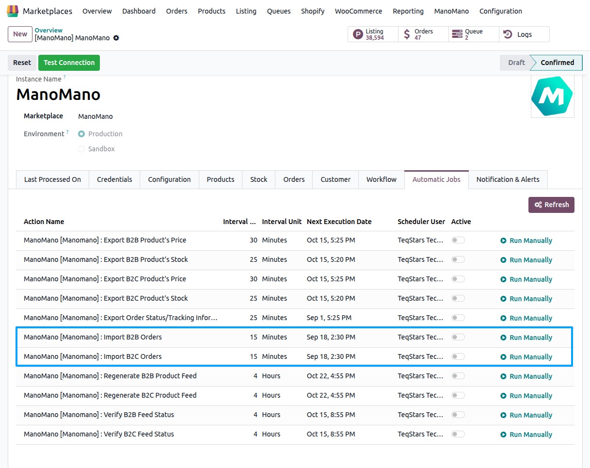 the Automatic Jobs tab of the ManoMano instance. Highlight the Verify B2B Feed Status and Verify B2C Feed Status jobs.