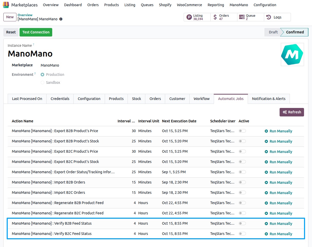 the Automatic Jobs tab of the ManoMano instance, with the Import B2B Orders and Import B2C Orders rows highlighted.