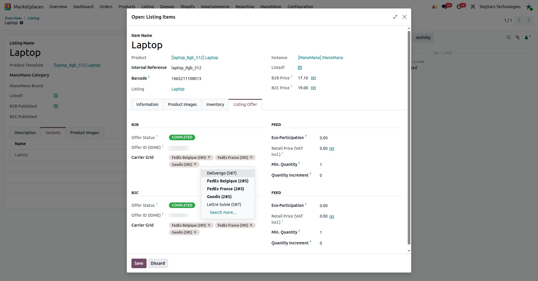 the Carriers list under Marketplaces, ManoMano, Products