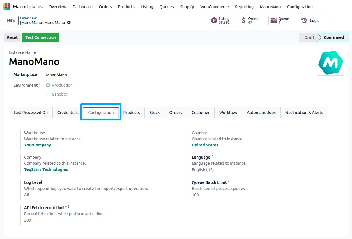 the Configuration tab of the instance