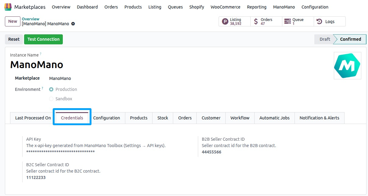 the Credentials tab of the instance with the API Key and the B2B and B2C Seller Contract IDs filled in