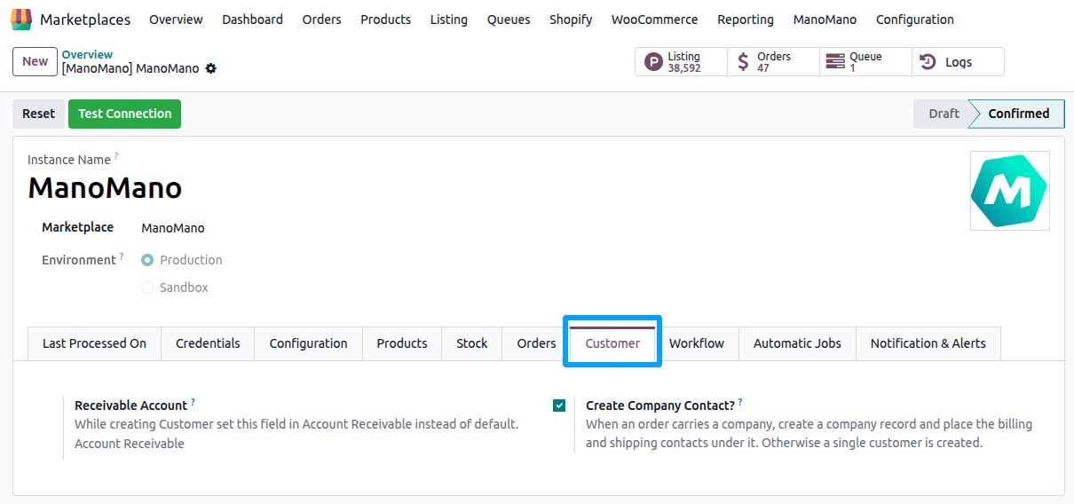 the Customer tab of the instance
