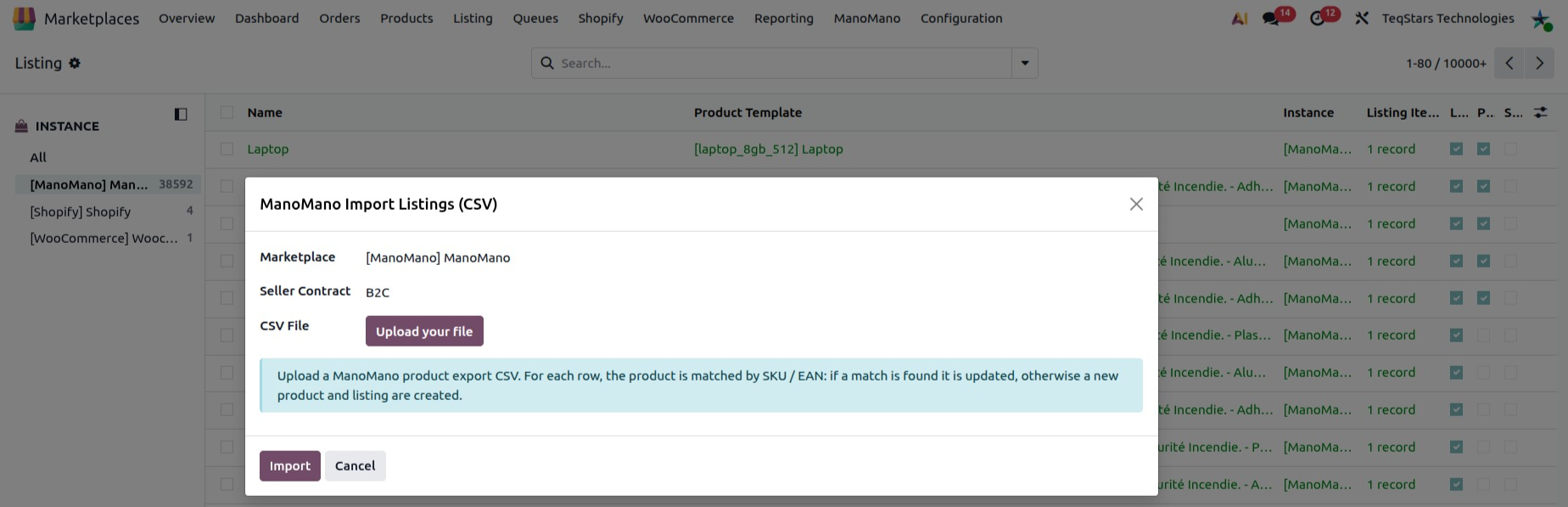 the Import Listings (CSV) popup with the CSV File field and the Import and Cancel buttons.