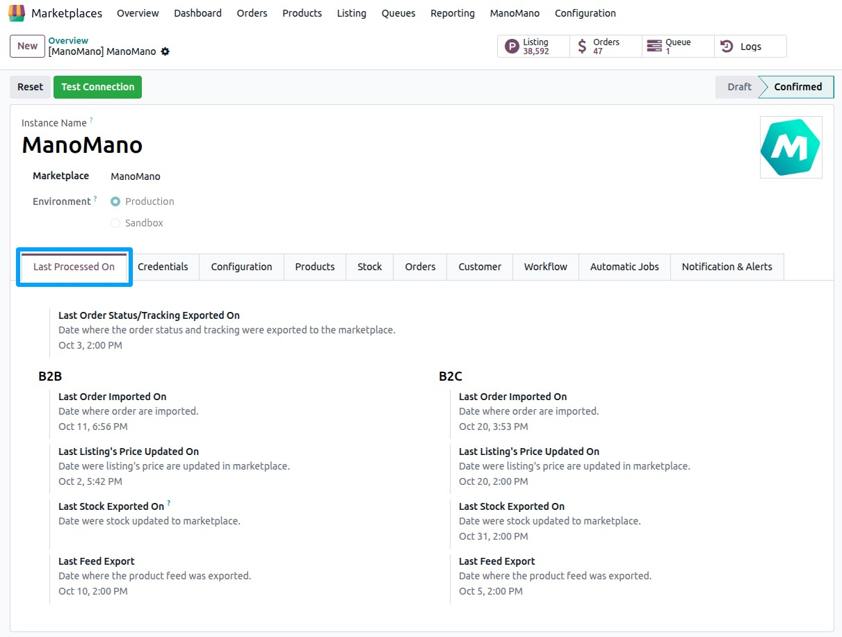 the Last Processed On tab of the instance with the B2B and B2C groups