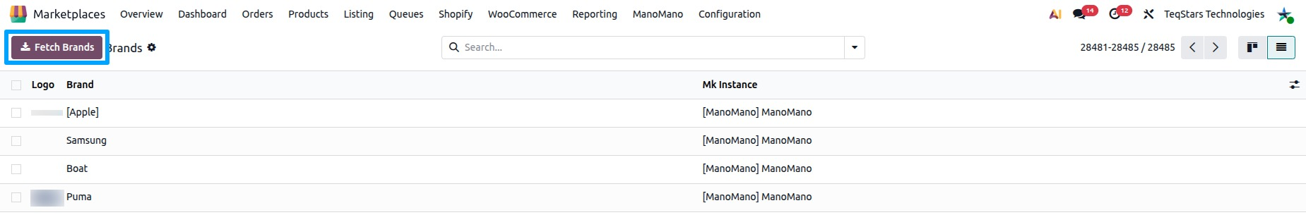 the ManoMano Brands list with the Fetch Brands button.