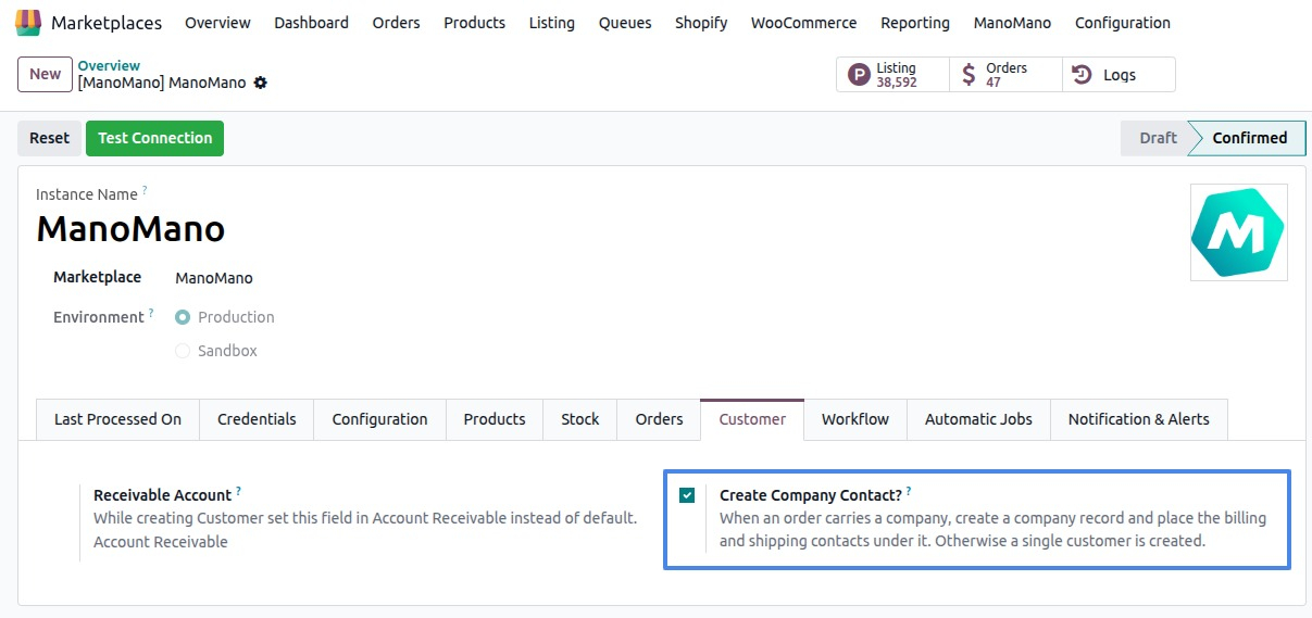 the ManoMano instance form with the Create Company Contact? option ticked