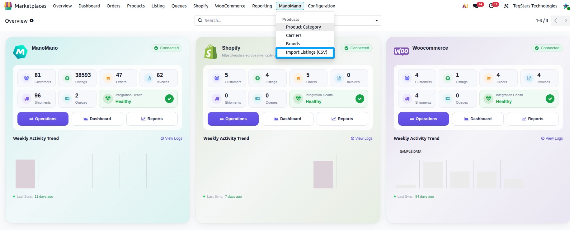 the Marketplaces menu opened on ManoMano, Products, with Import Listings (CSV) highlighted.