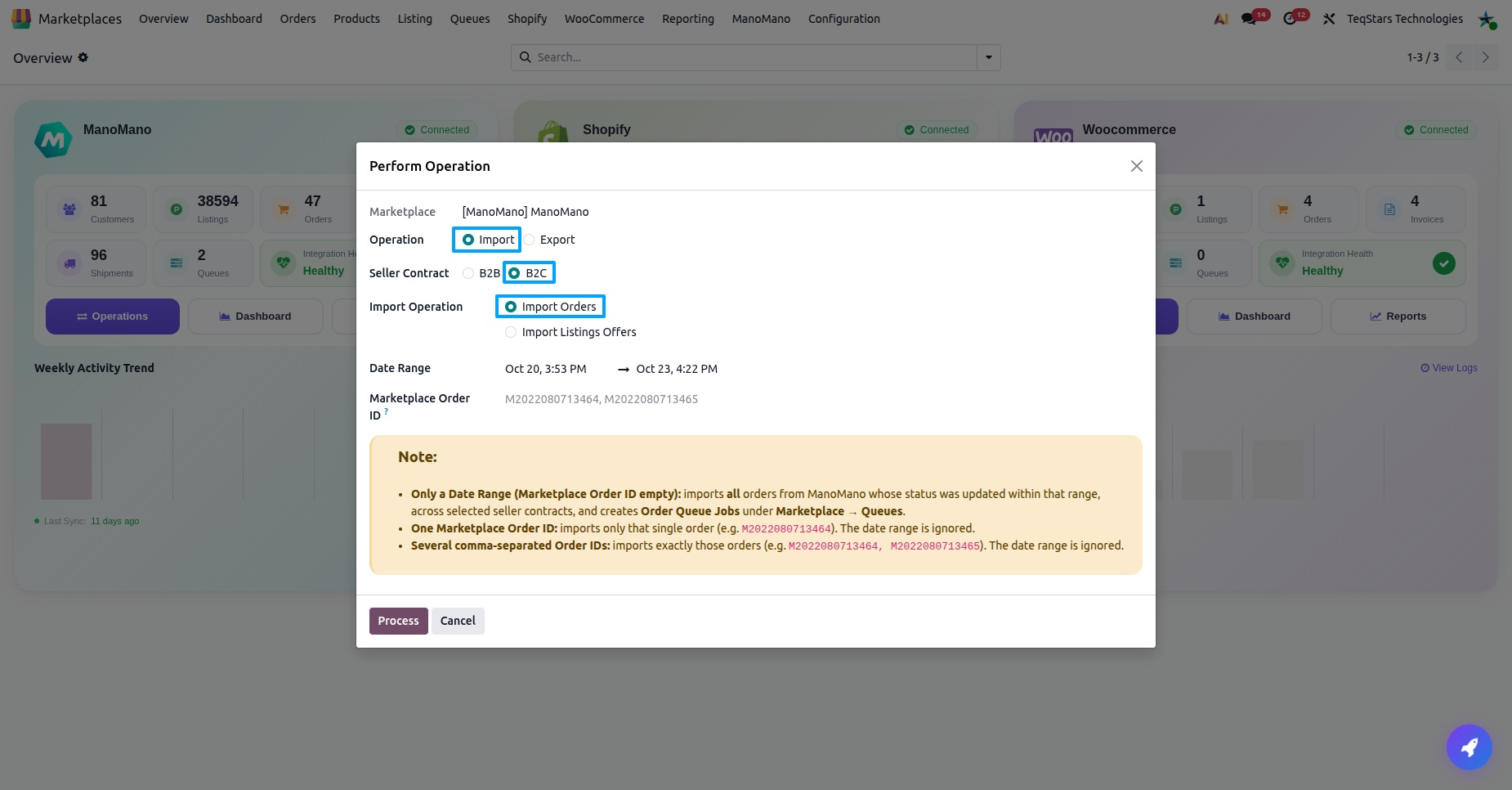 the operations screen with Import and Import Orders selected, showing the Seller Contract and Marketplace Order ID field