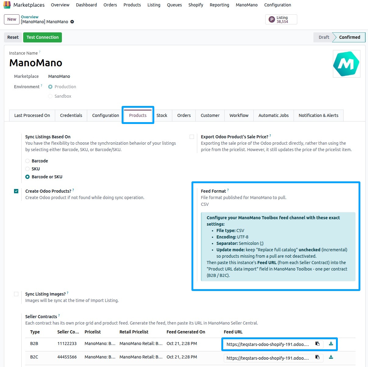the Products tab of the instance with the Seller Contracts and Feed Format
