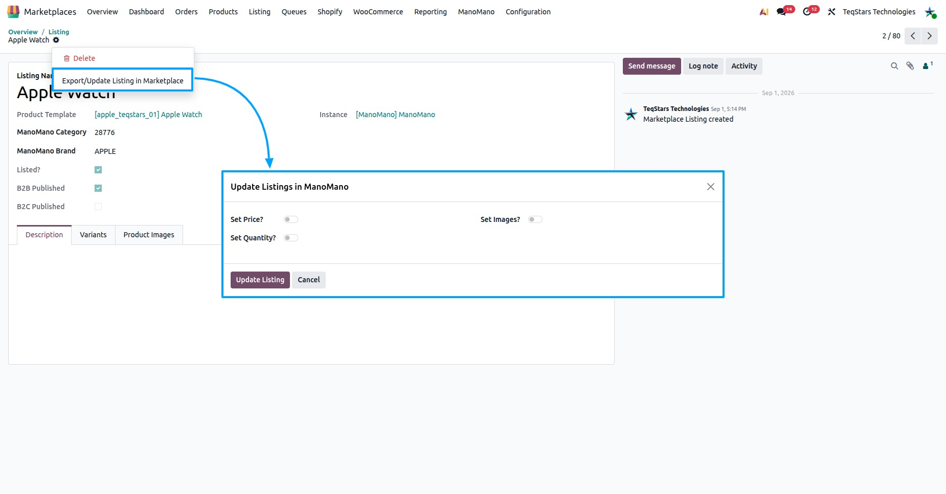 Update listing from the listing view