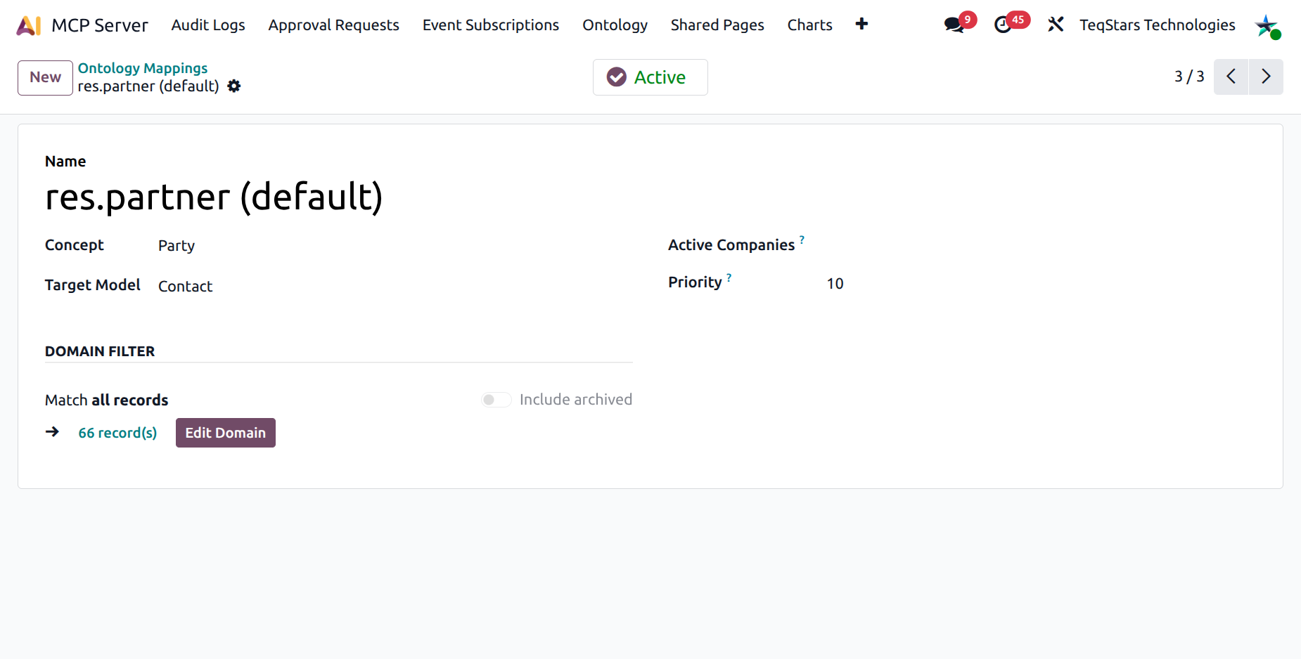 Ontology Mapping form with concept, model, an editor-style domain expression, and the companies multiselect