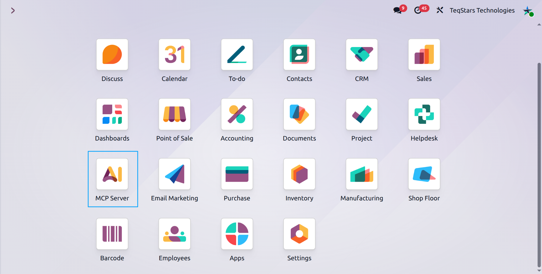 New MCP Server menu visible in the Odoo main navigation after refreshing