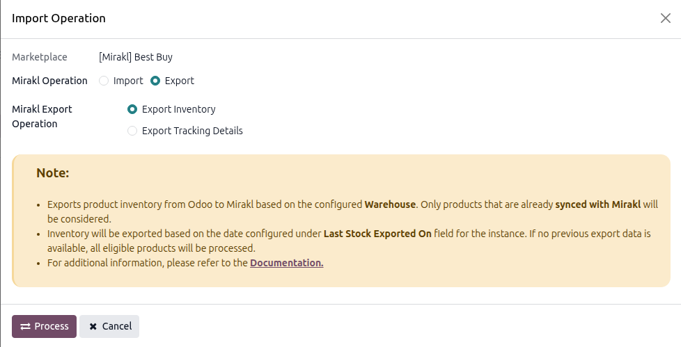 Export Inventory Operation Screen
