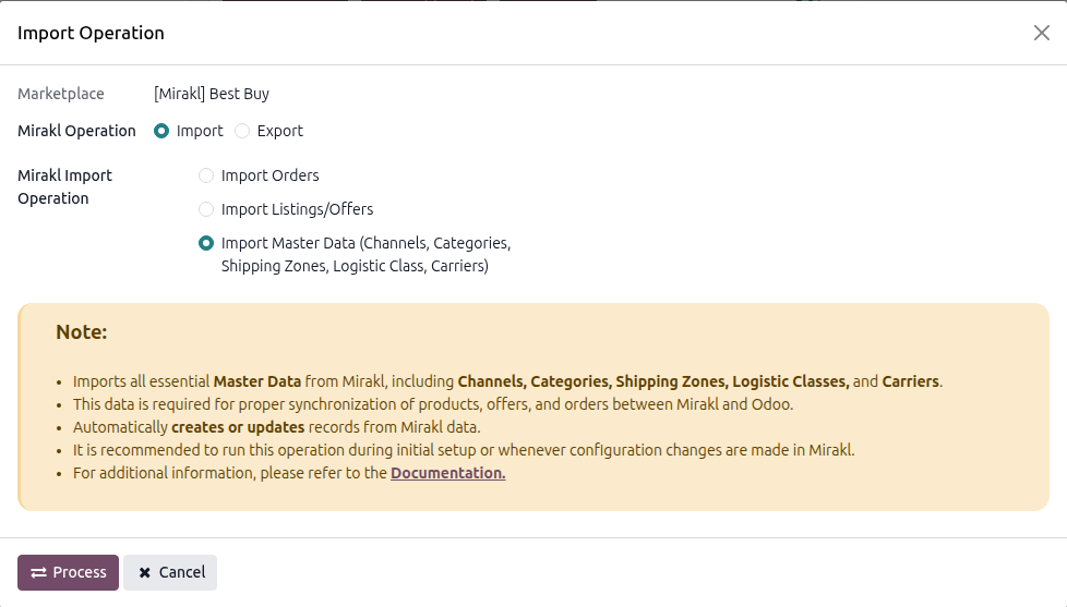 Mirakl Master Data Import Screen