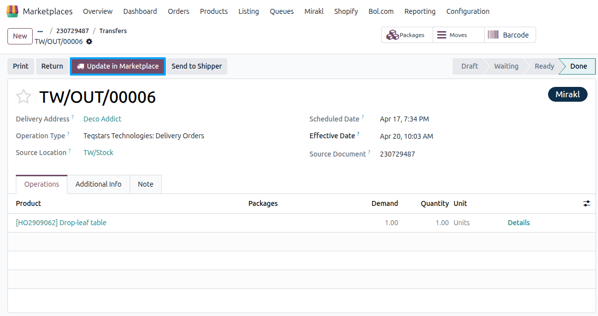Mirakl Update Order Status Button