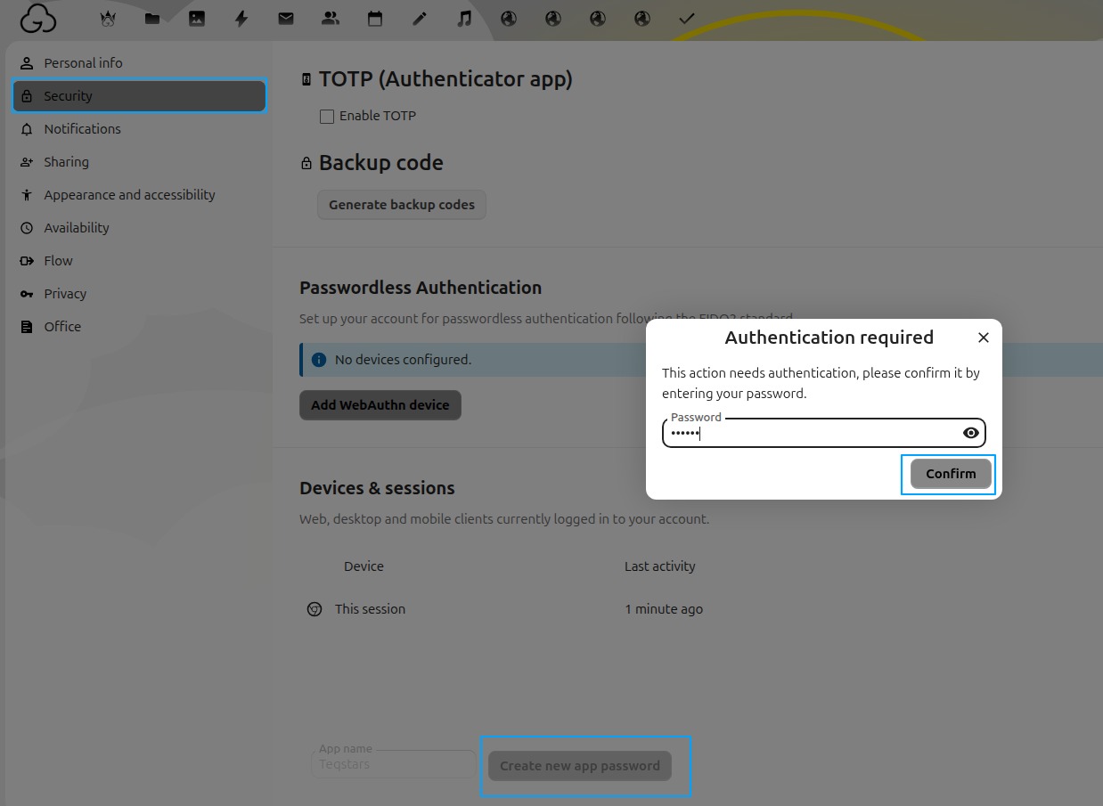 Create new app password on the Nextcloud Security page