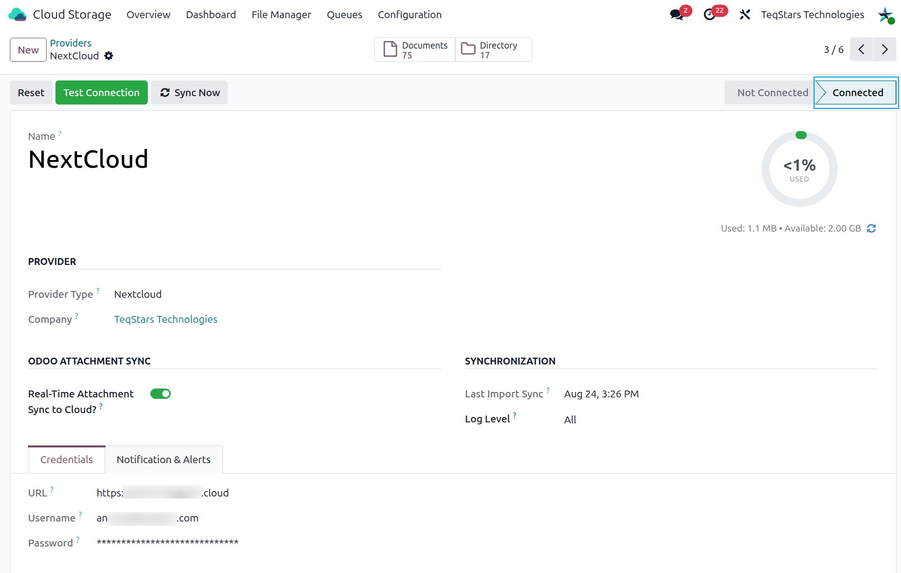 Connected Nextcloud provider in Odoo showing the storage gauge and Sync Now