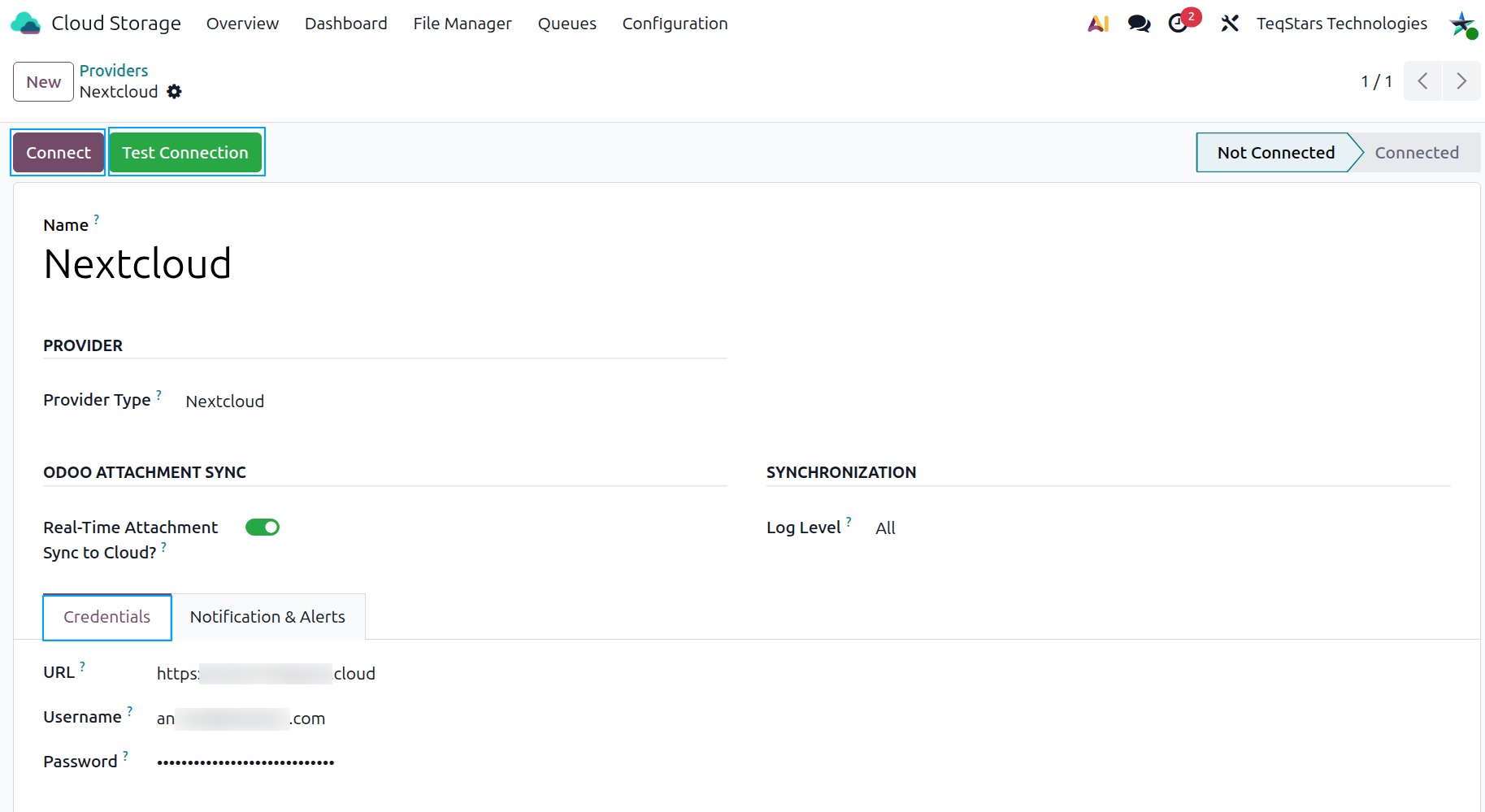 Nextcloud provider form in Odoo with the URL, username and app password filled in