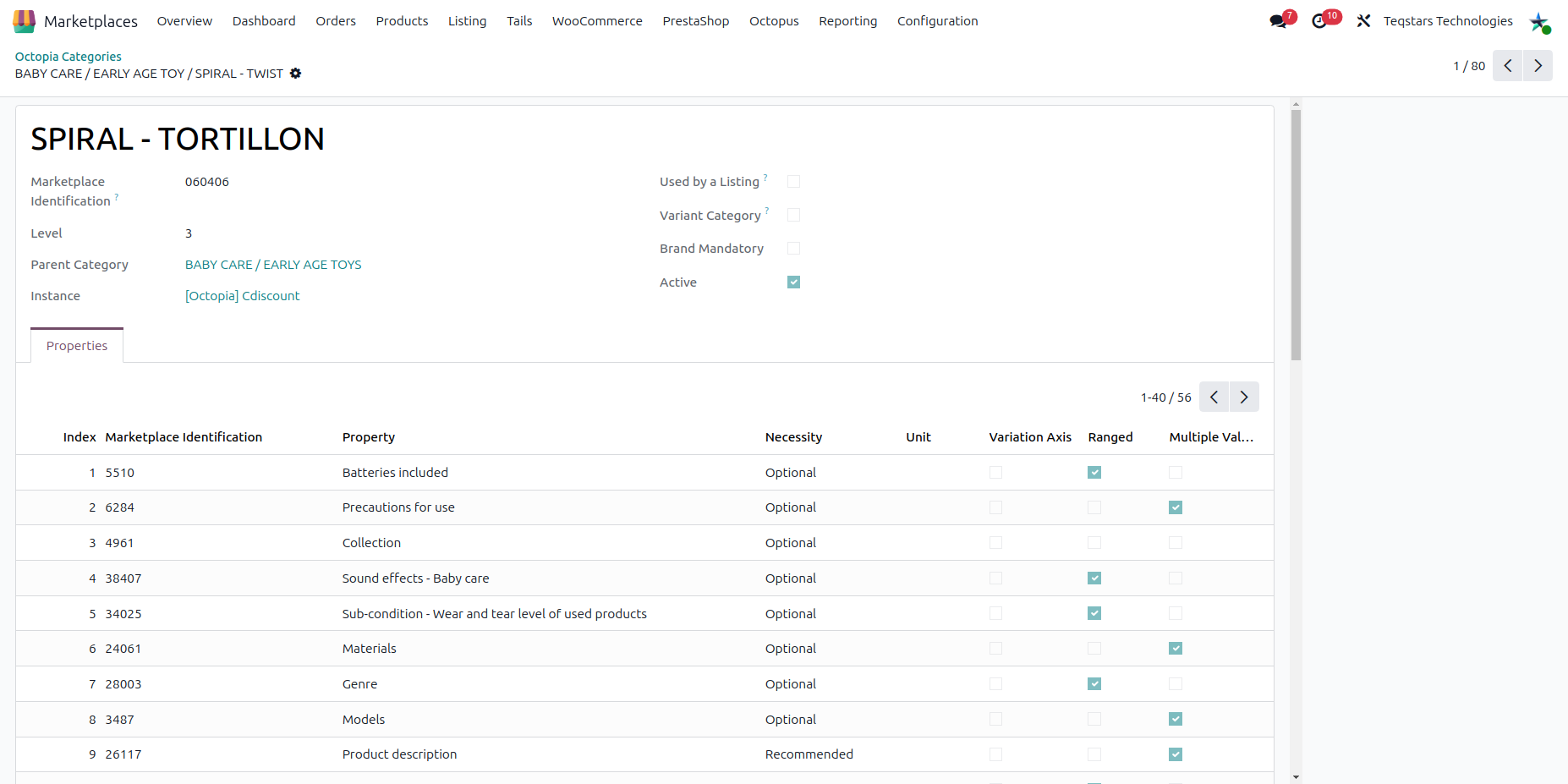 Properties tab of a category