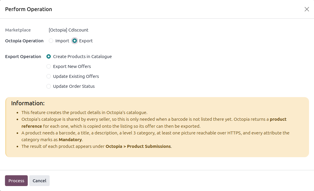 Operations wizard with Create Products in Catalogue selected