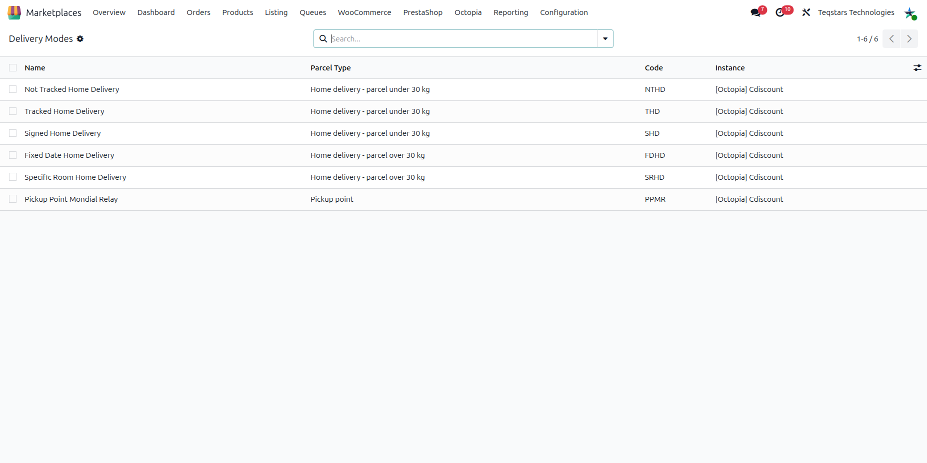 Delivery Modes list