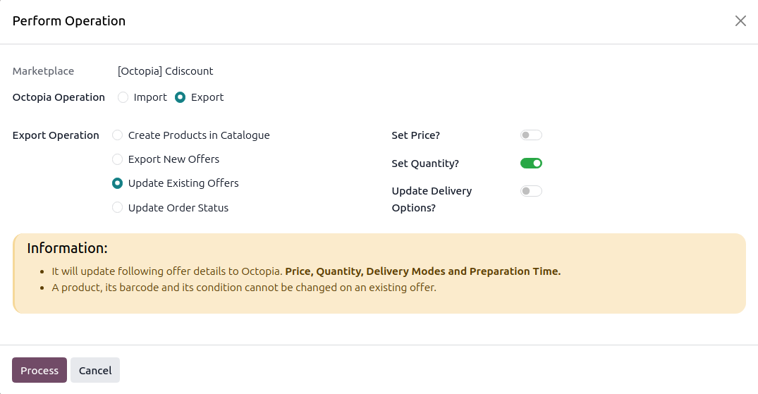 Operations wizard with Update Existing Offers and Set Quantity